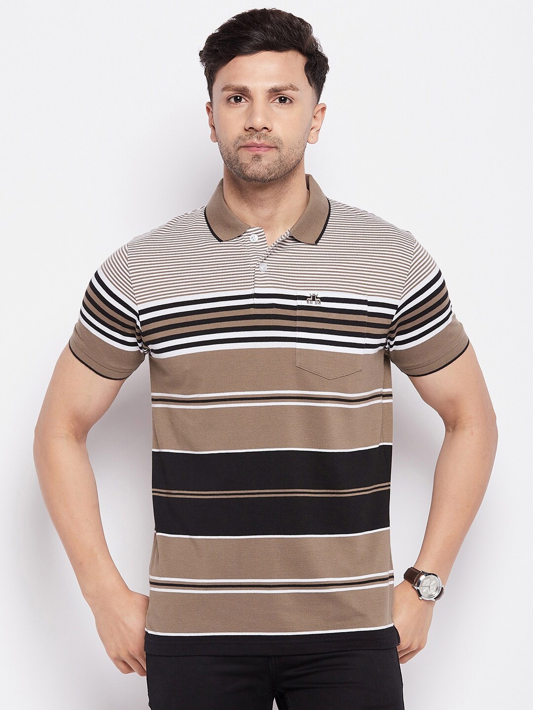 

98 Degree North Striped Polo Collar T-shirt, Brown