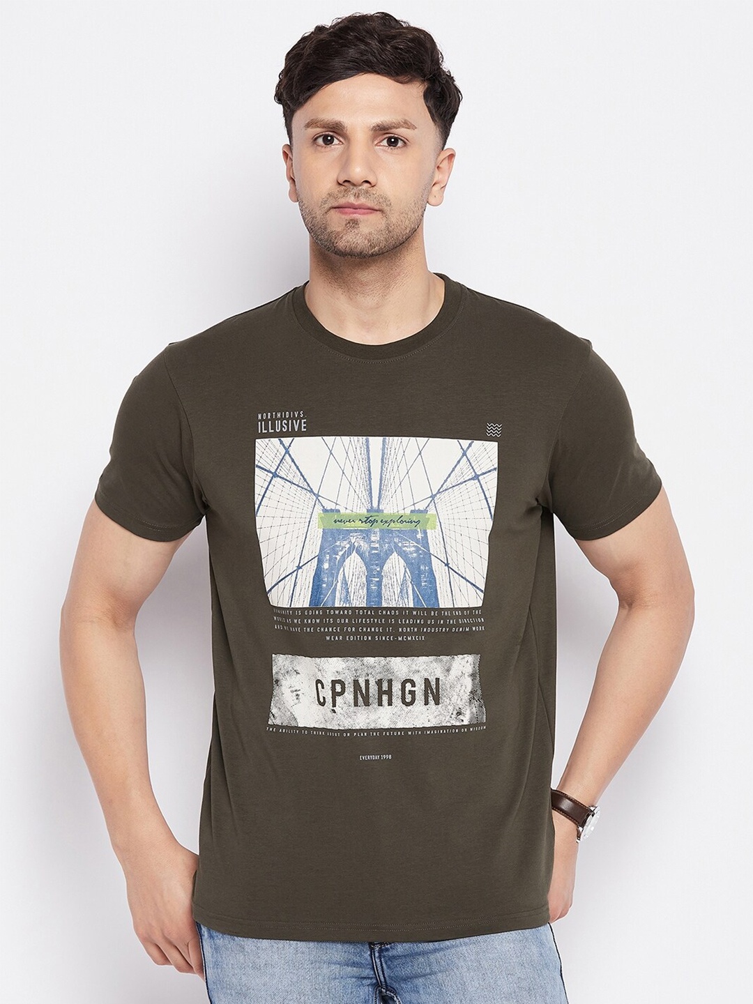 

98 Degree North Graphic Printed Cotton T-shirt, Olive