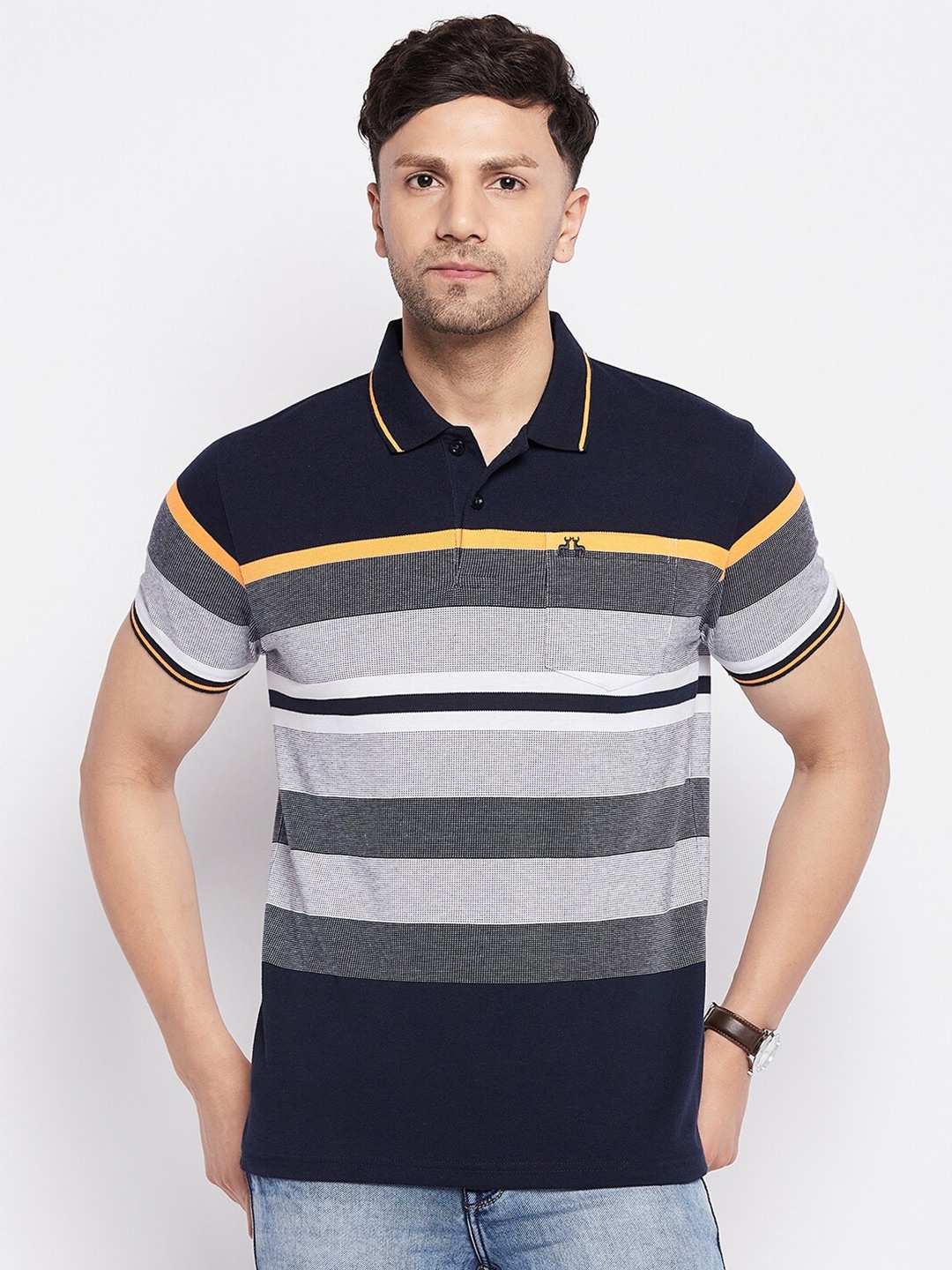 

98 Degree North Striped Polo Collar Cotton T-shirt, Black