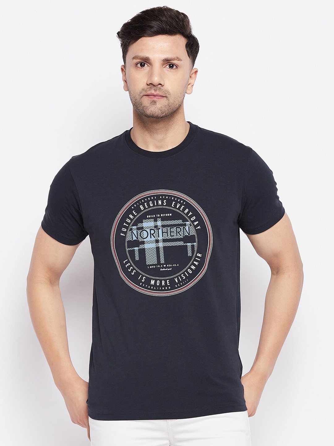 

98 Degree North Typography Printed Cotton T-shirt, Navy blue