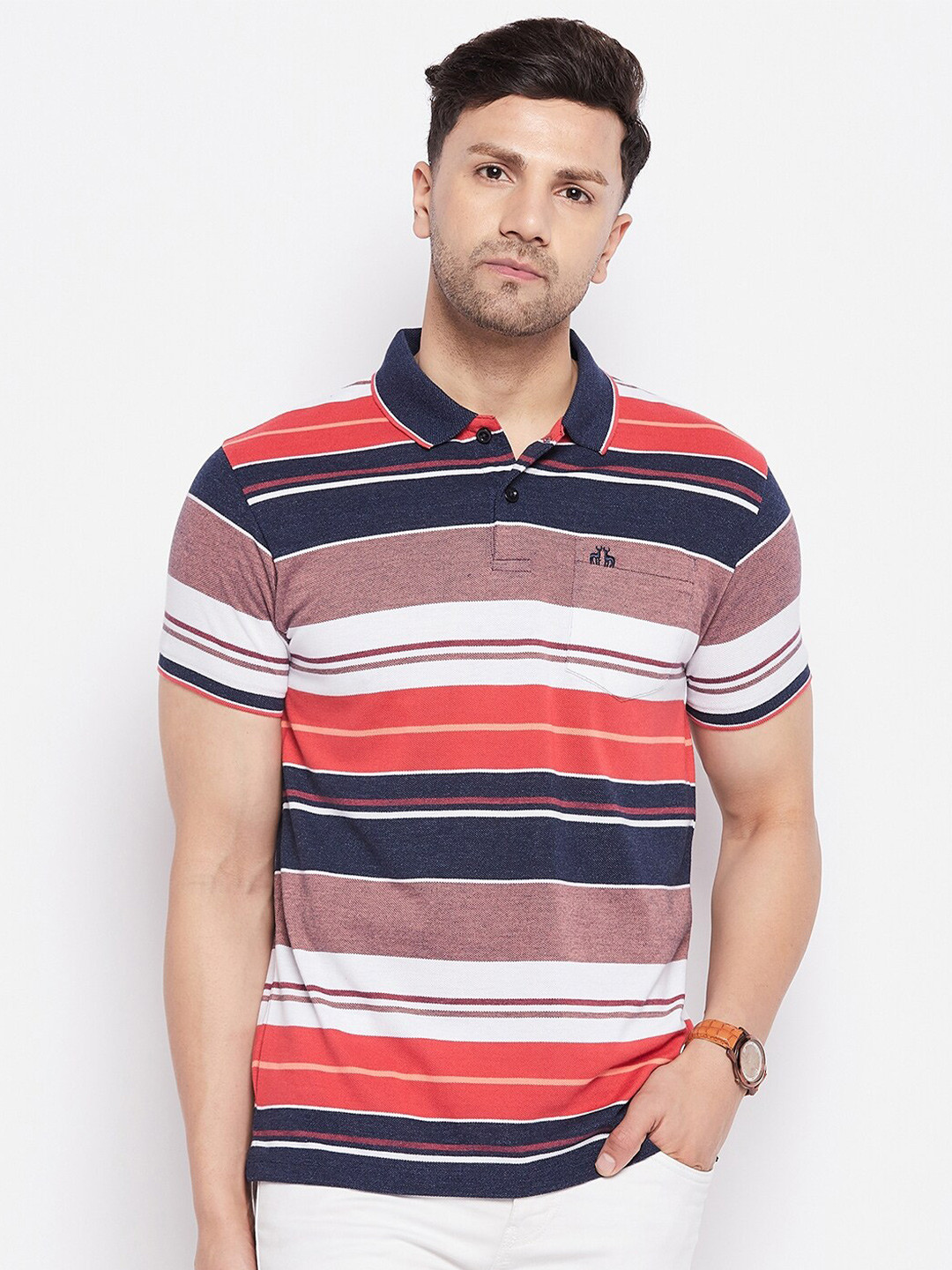 

98 Degree North Striped Polo Collar Cotton T-shirt, Navy blue