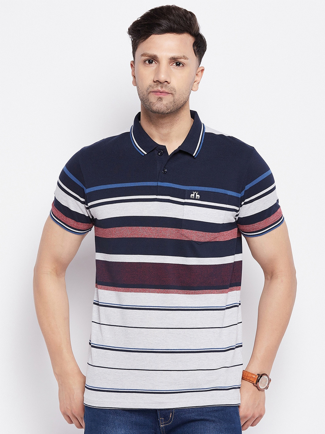 

98 Degree North Vertical Striped Polo Collar Cotton T-shirt, White