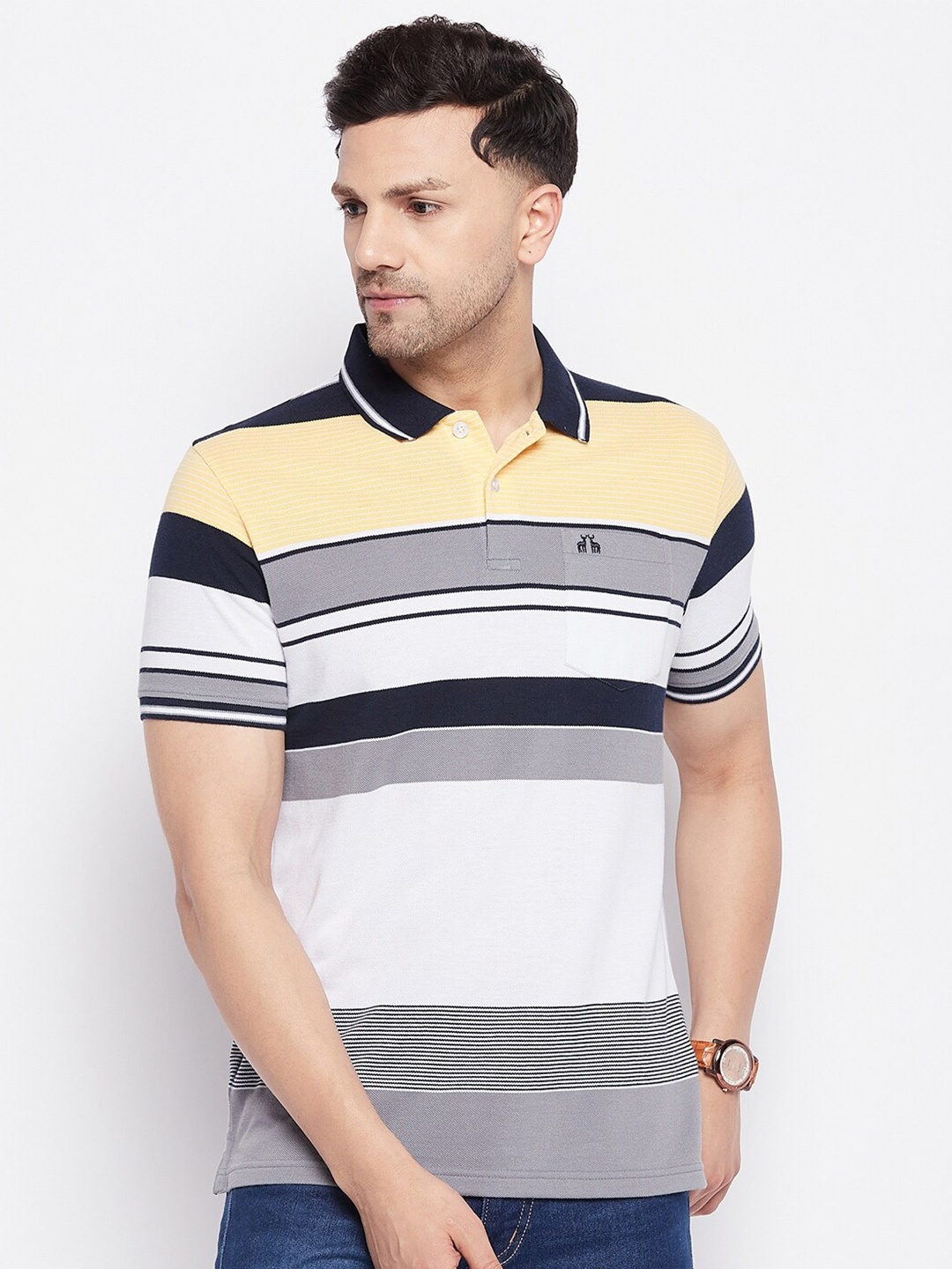 

98 Degree North Striped Polo Collar Cotton T-shirt, White