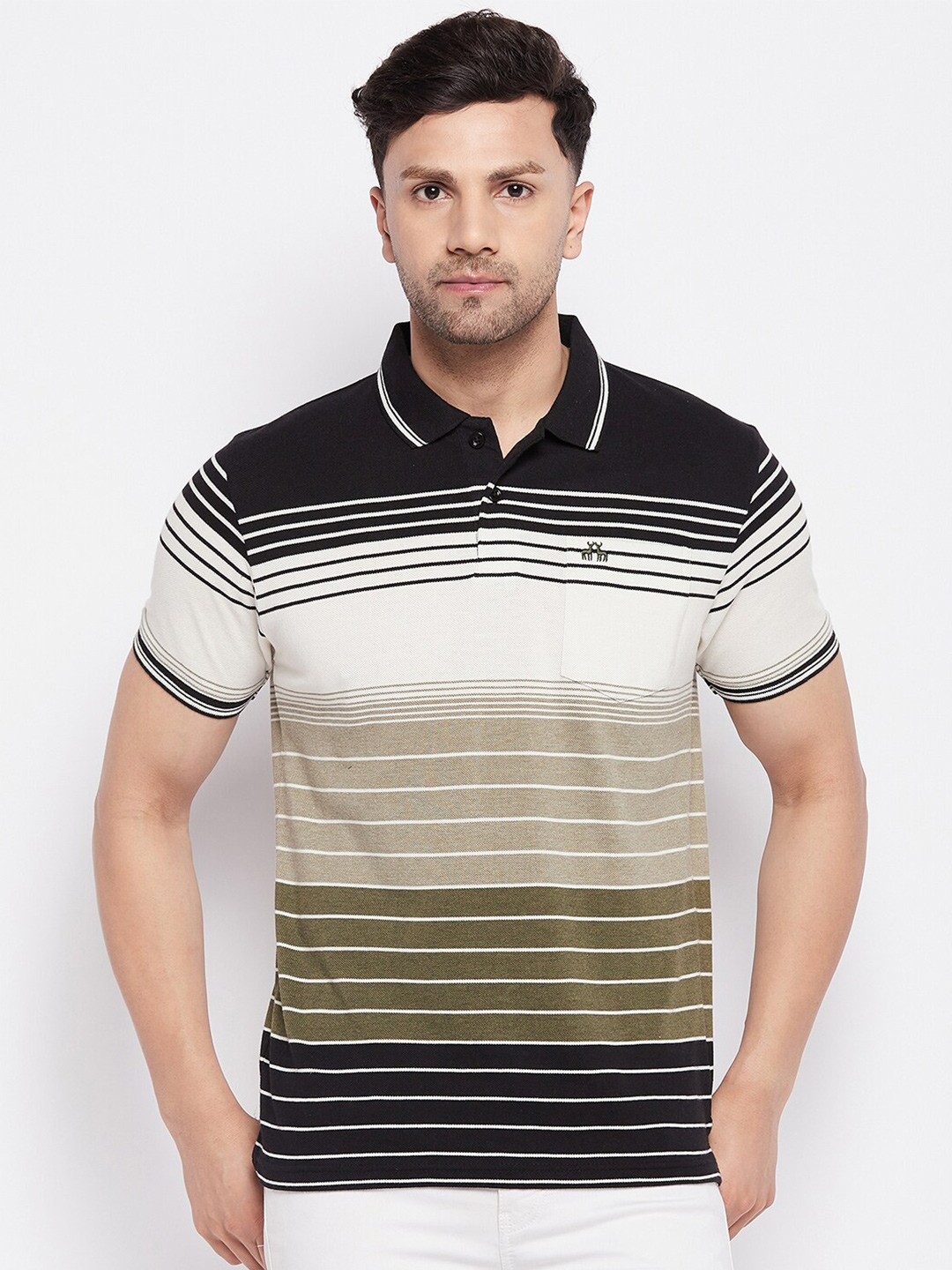 

98 Degree North Striped Polo Collar Cotton T-shirt, Black