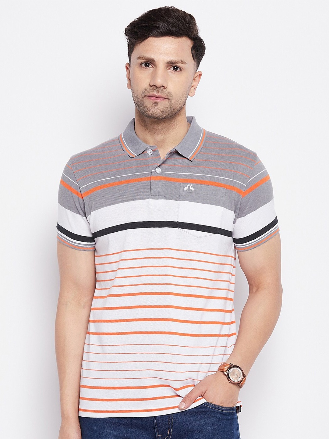 

98 Degree North Striped Polo Collar Cotton T-shirt, White