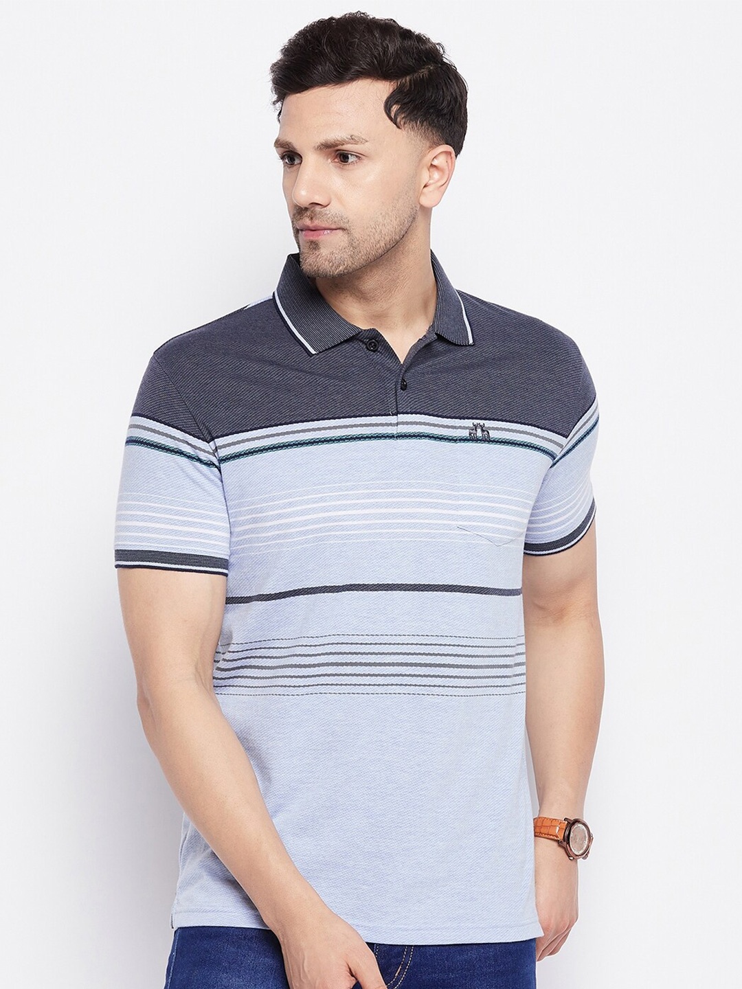 

98 Degree North Striped Polo Collar Cotton T-shirt, Blue