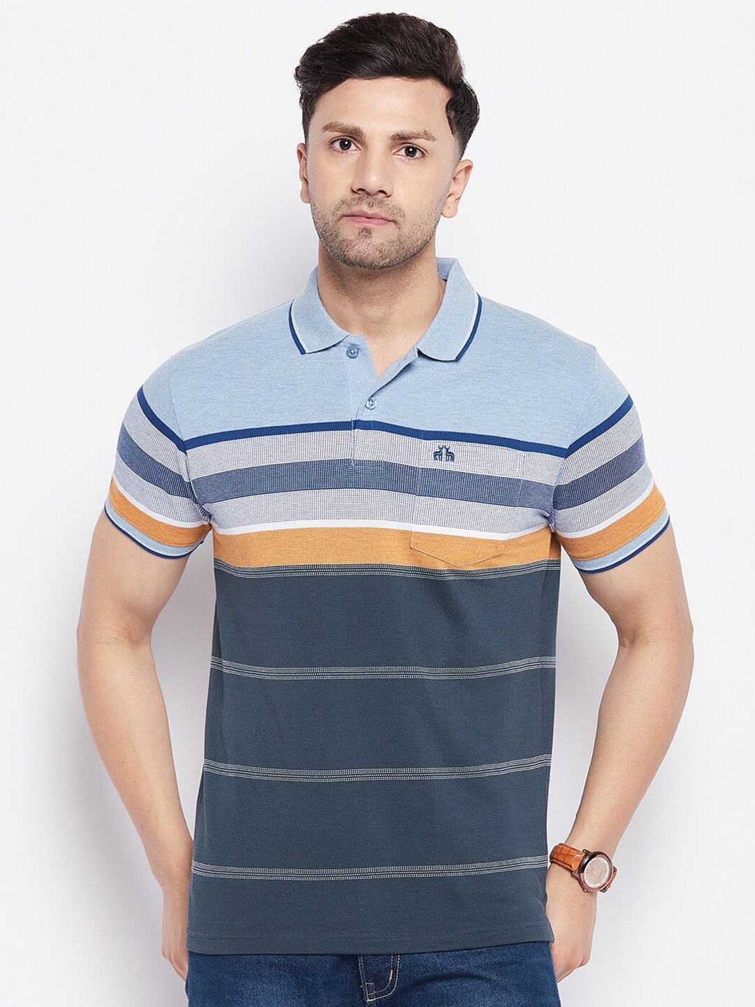 

98 Degree North Striped Polo Collar Cotton T-shirt, Blue