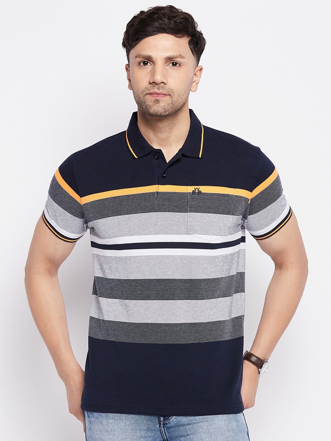 

98 Degree North Striped Polo Collar T-shirt, Navy blue