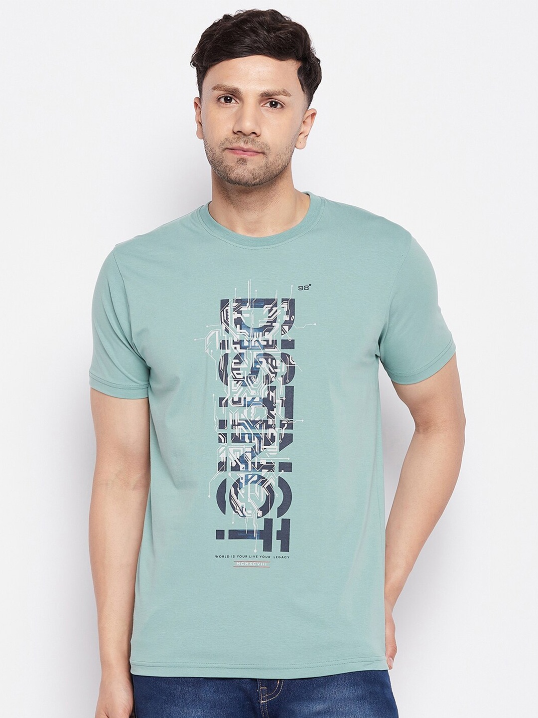 

98 Degree North Graphic Printed Round Neck Cotton T-shirt, Green