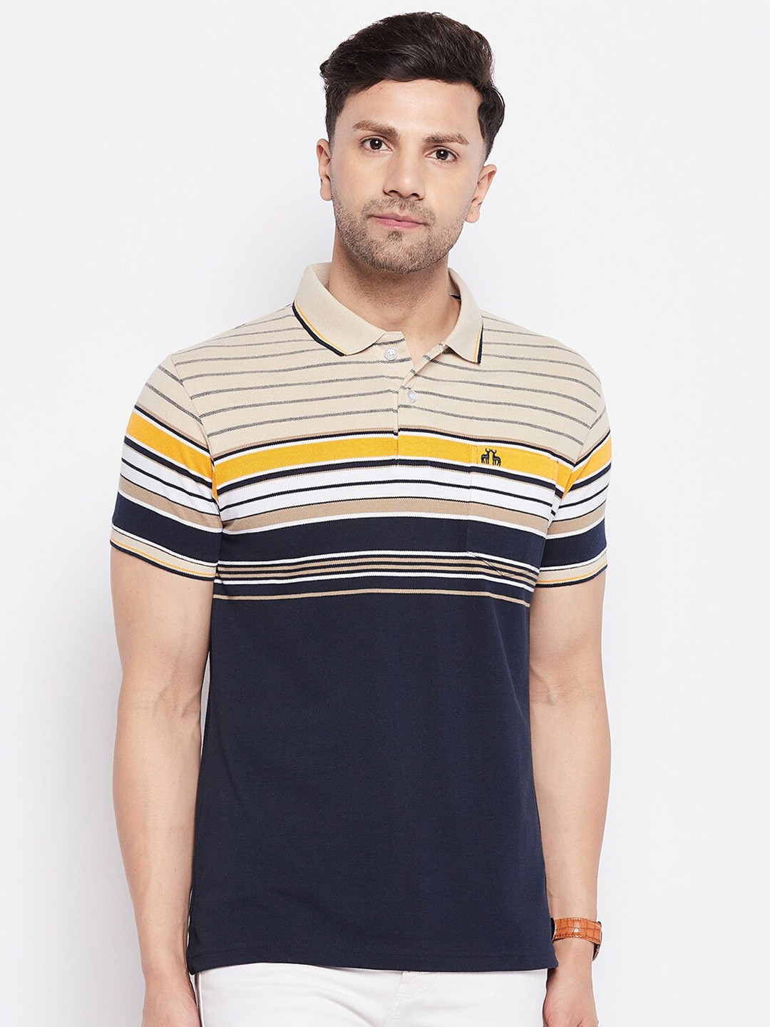 

98 Degree North Striped Polo Collar Short Sleeve Cotton T-shirt, Navy blue