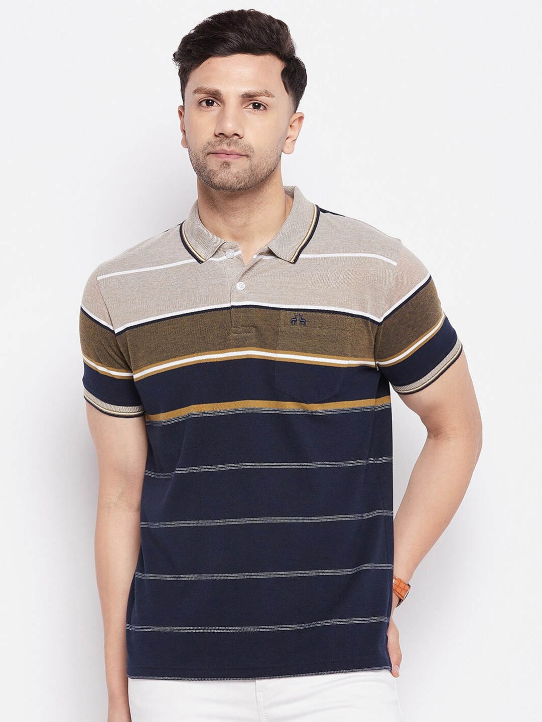 

98 Degree North Striped Polo Collar Cotton T-shirt, Navy blue