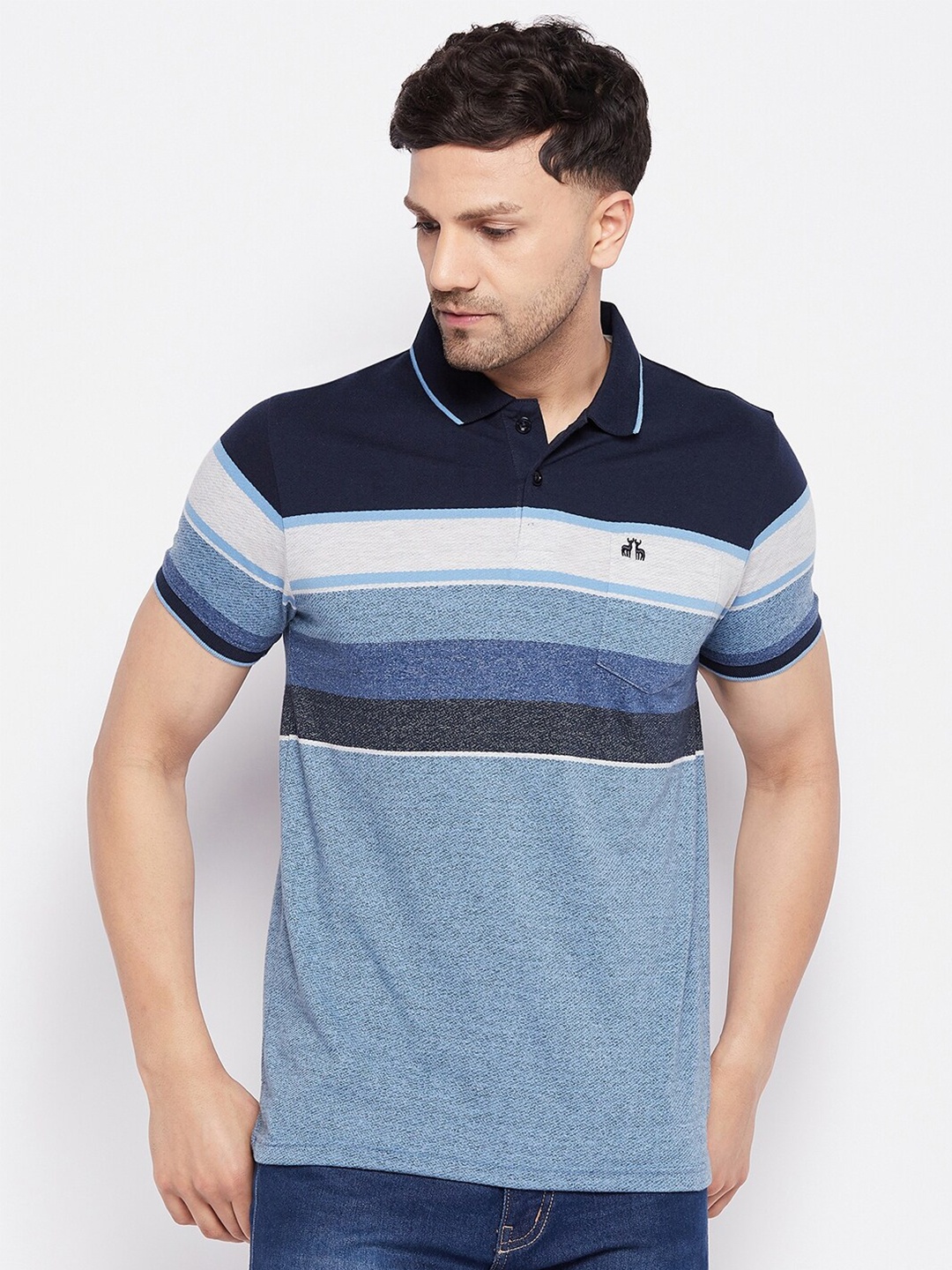 

98 Degree North Striped Polo Collar Cotton T-Shirt, Blue