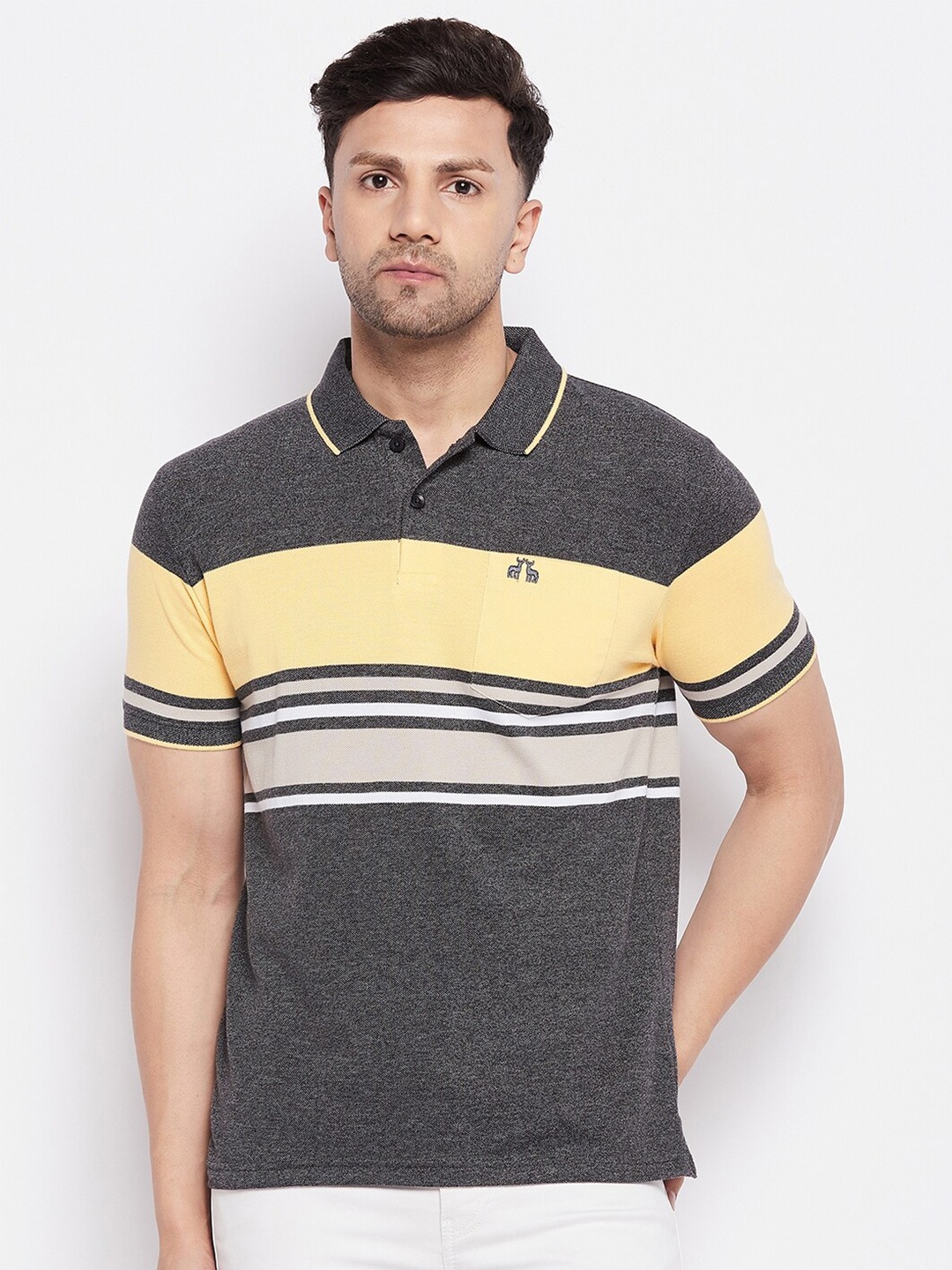 

98 Degree North Striped Polo Collar Cotton T-shirt, Charcoal