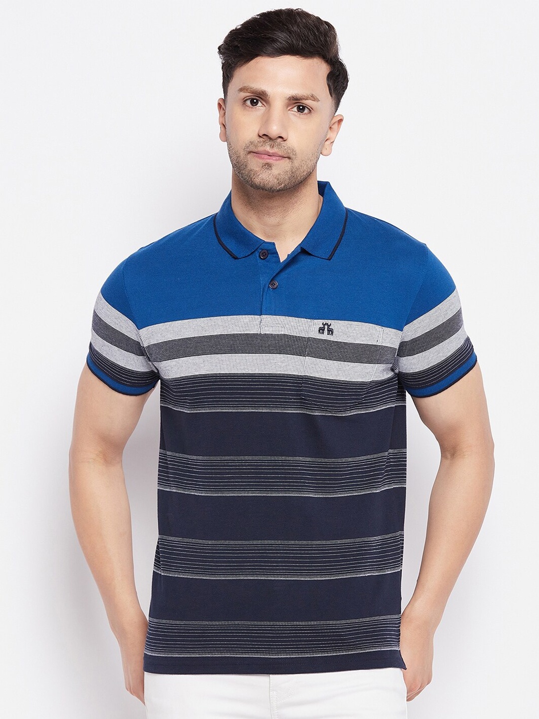 

98 Degree North Striped Polo Collar Cotton T-shirt, Blue