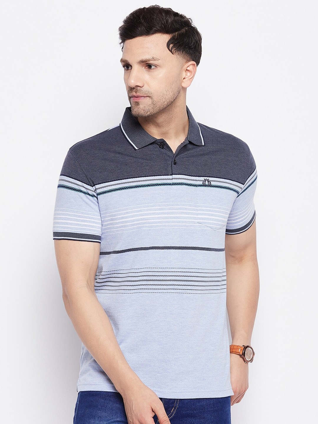 

98 Degree North Striped Polo Collar Cotton T-shirt, Blue