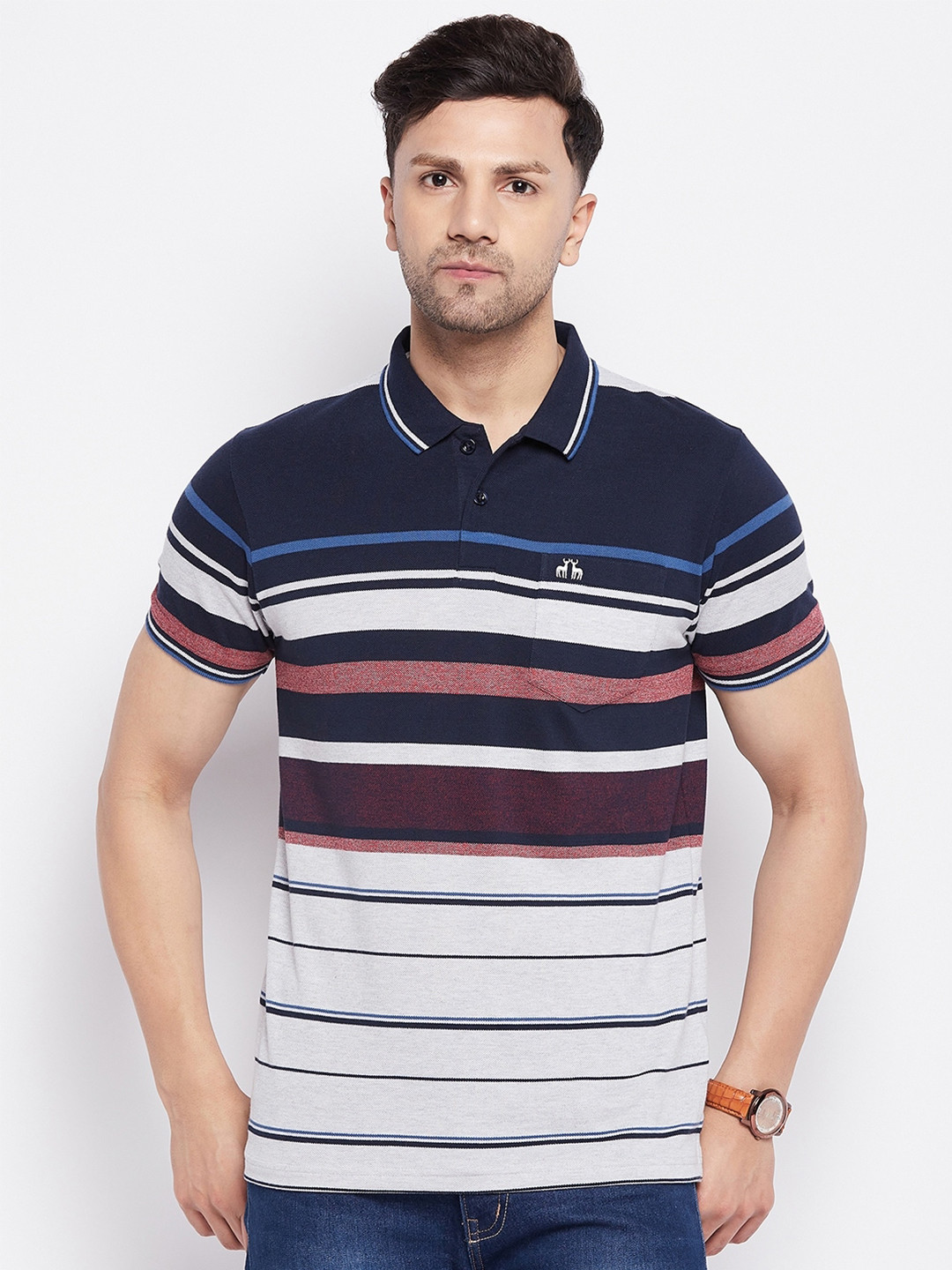

98 Degree North Striped Polo Collar Cotton T-shirt, Navy blue