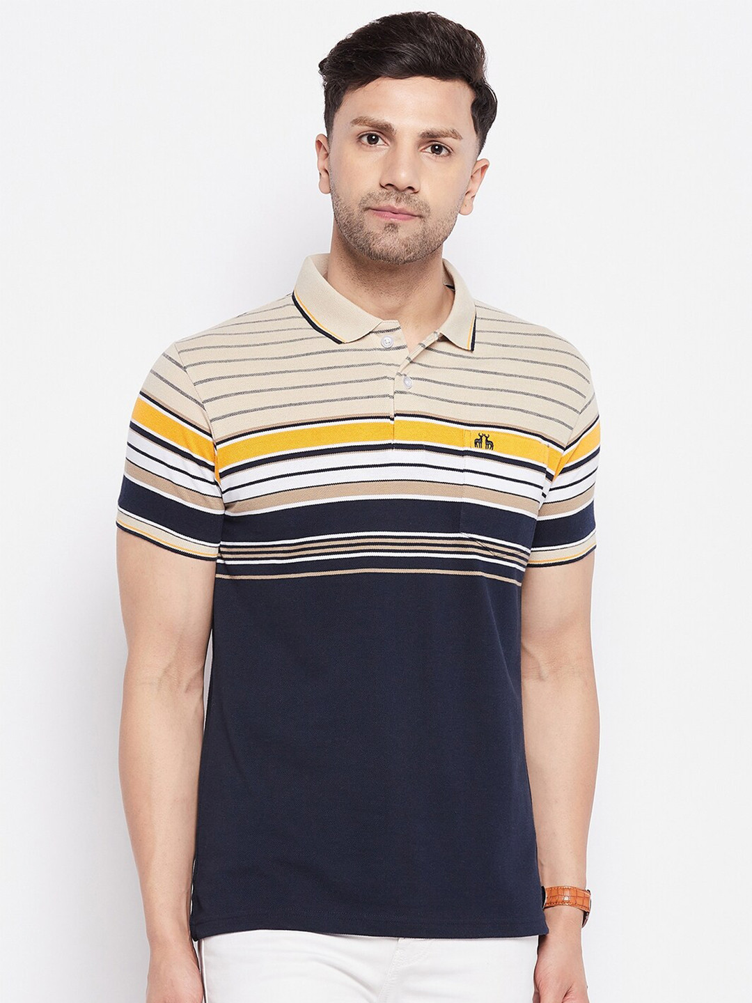 

98 Degree North Striped Polo Collar Cotton T-shirt, Navy blue