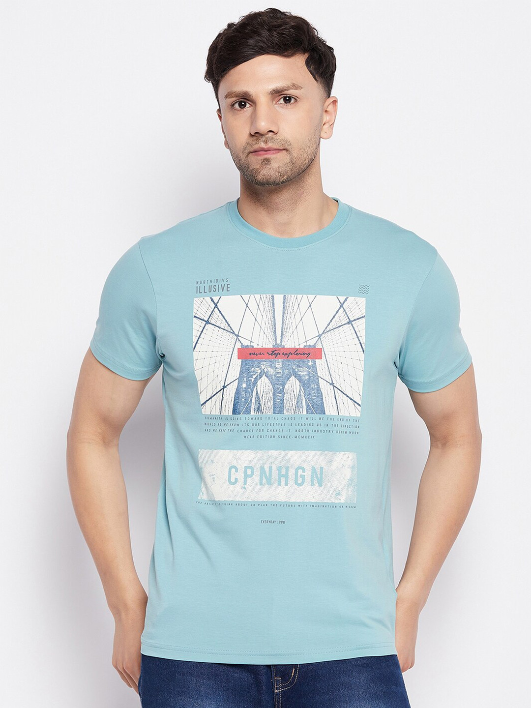 

98 Degree North People & Place Printed Round Neck Short Sleeve Cotton T-shirt, Blue
