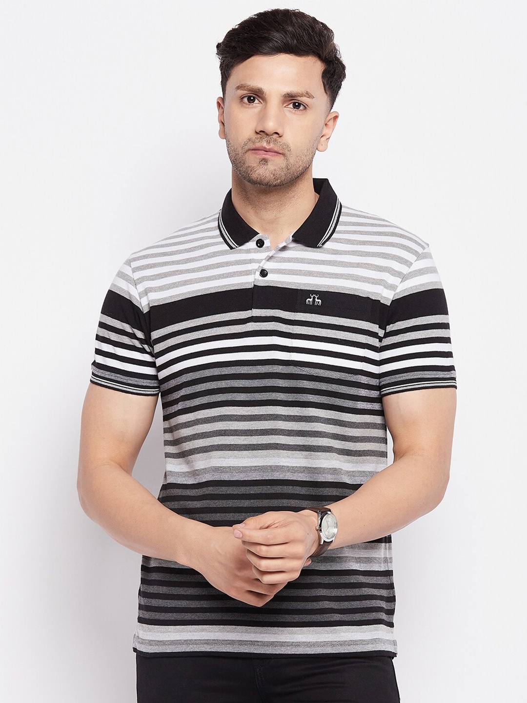 

98 Degree North Plus Size Striped Polo Collar Cotton T-shirt, Black