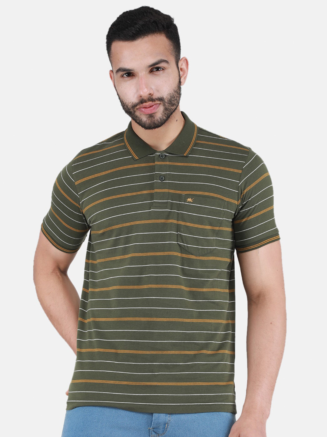 

Monte Carlo Striped Polo Collar T-shirt, Olive