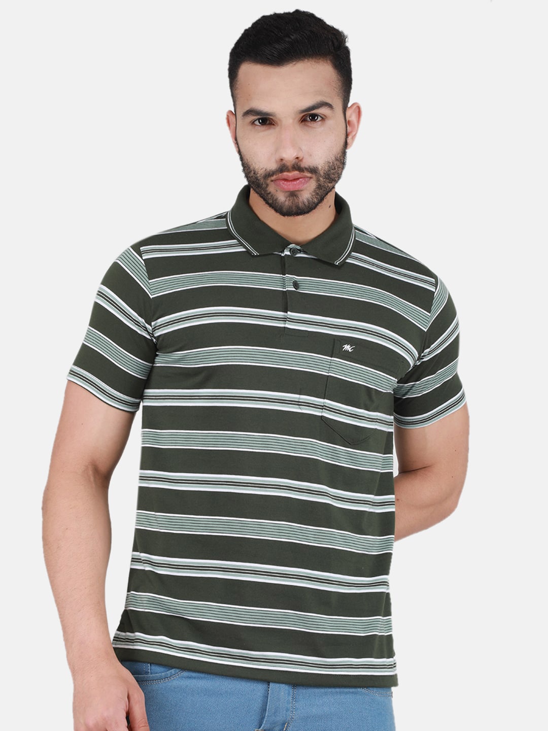 

Monte Carlo Striped Polo Collar T-shirt, Olive