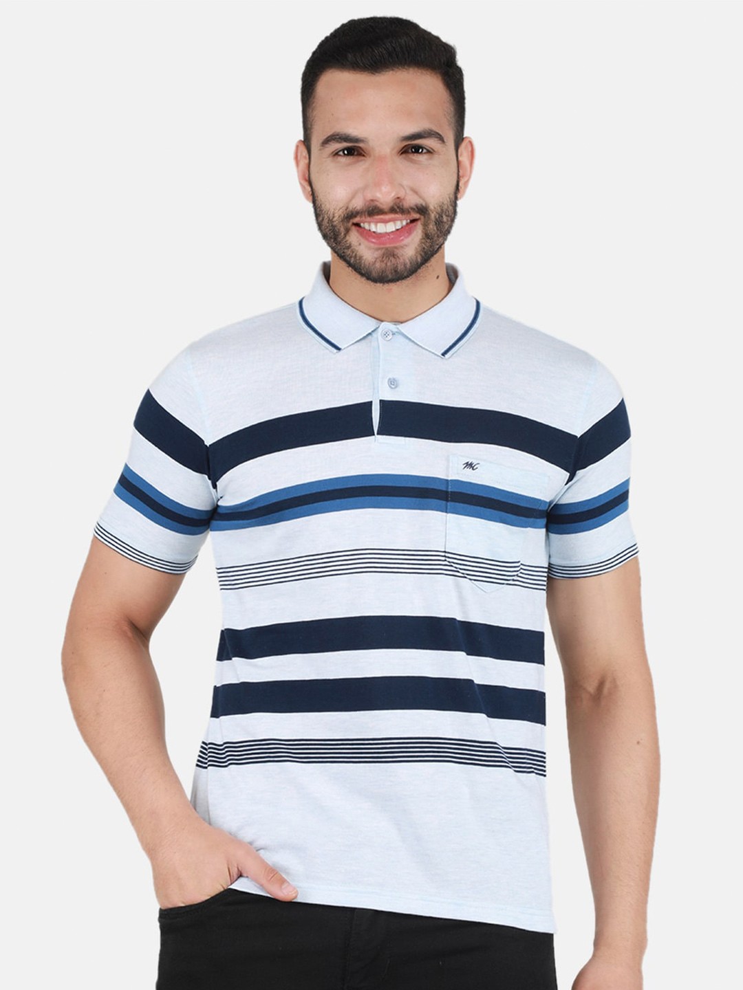 

Monte Carlo Striped Polo Collar T-shirt, Blue