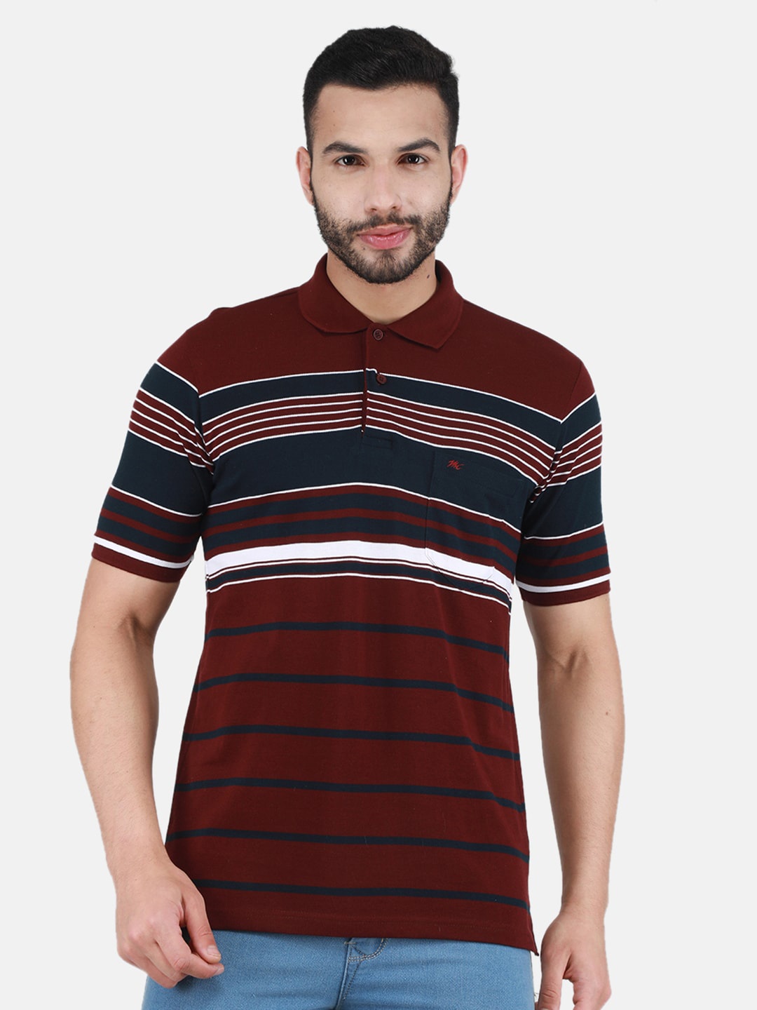 

Monte Carlo Striped Polo Collar T-shirt, Maroon