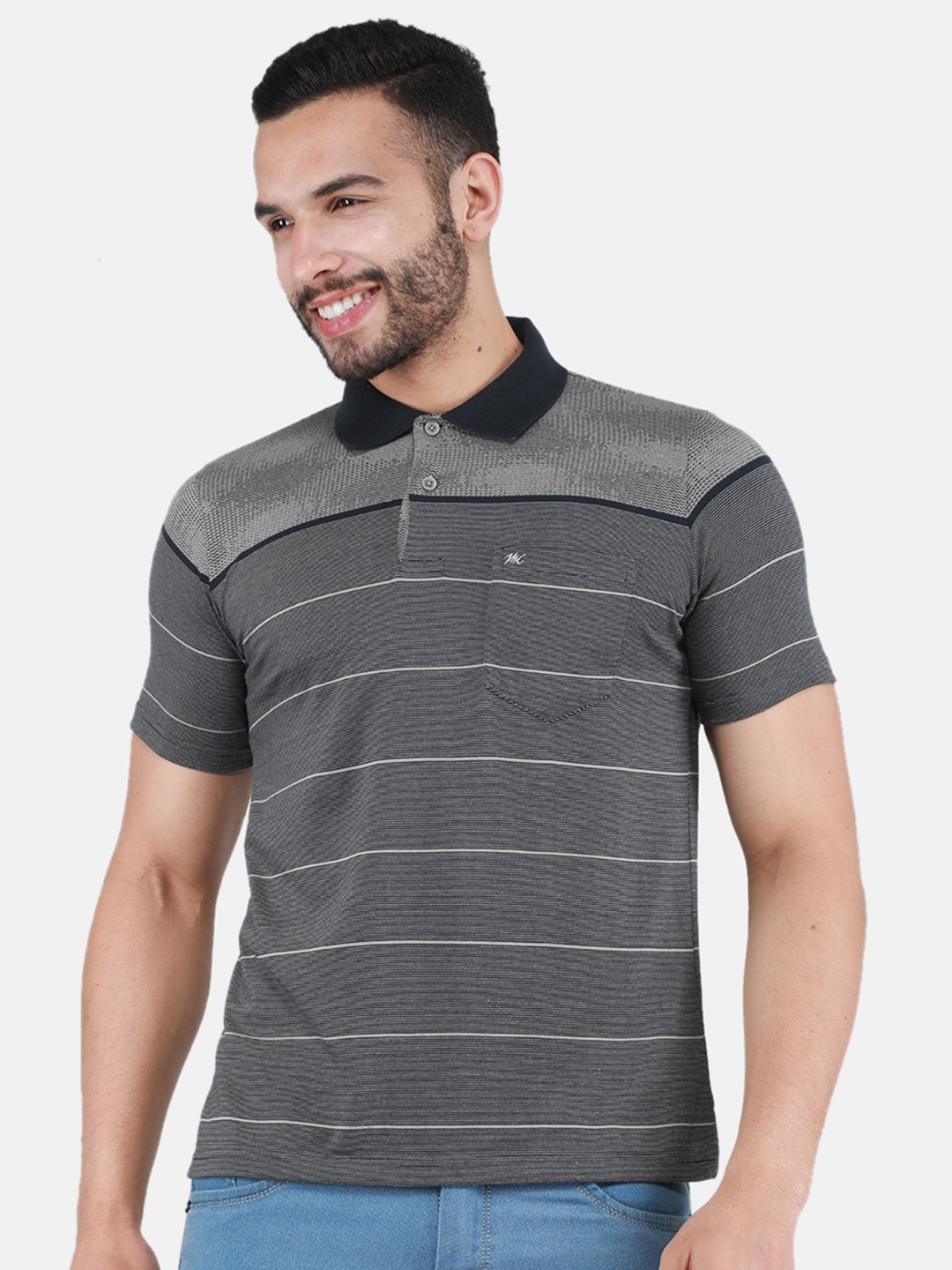 

Monte Carlo Striped Polo Collar T-shirt, Grey