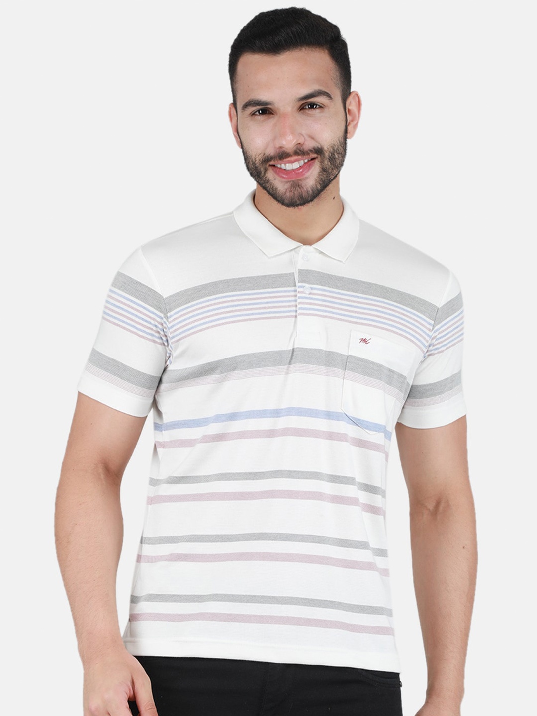 

Monte Carlo Striped Polo Collar Cotton T-shirt, Off white