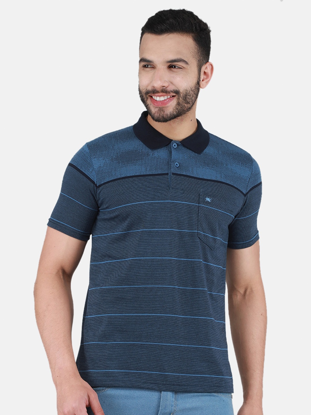 

Monte Carlo Striped Polo Collar T-shirt, Blue