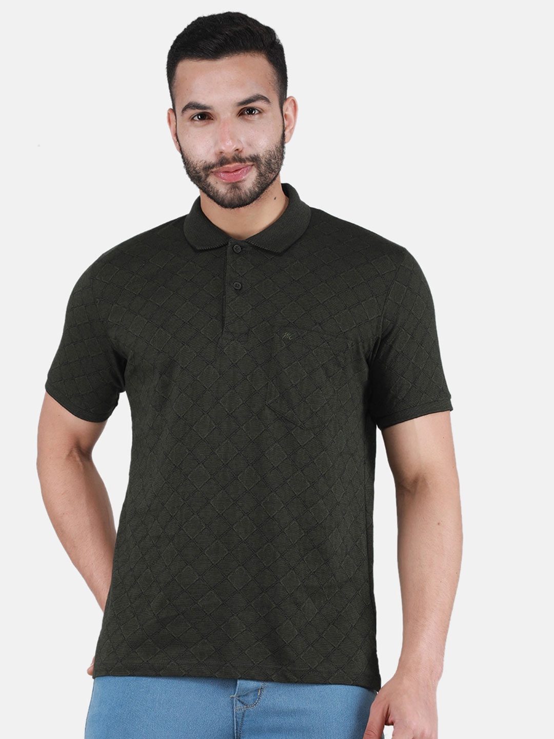 

Monte Carlo Geometric Printed Polo Collar T-shirt, Olive