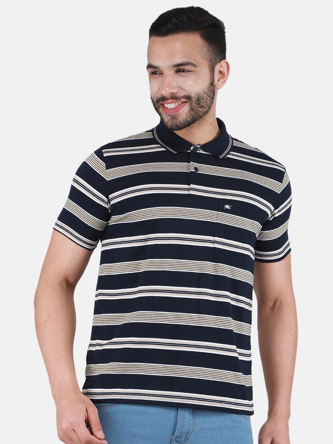 

Monte Carlo Striped Short Sleeve Polo Collar T-shirt, Navy blue