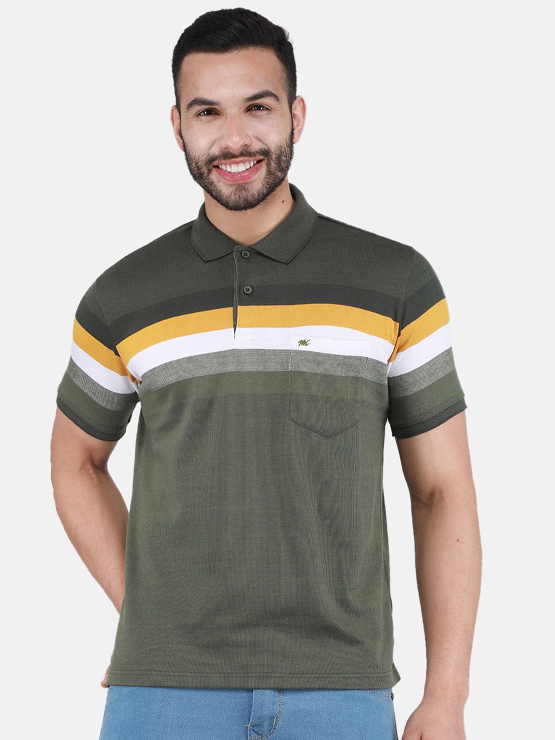 

Monte Carlo Striped Polo Collar T-shirt, Olive