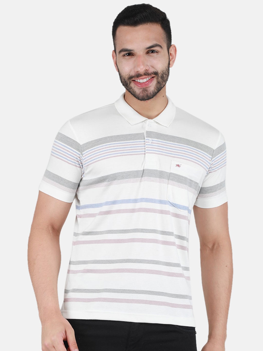 

Monte Carlo Striped Polo Collar T-shirt, Off white