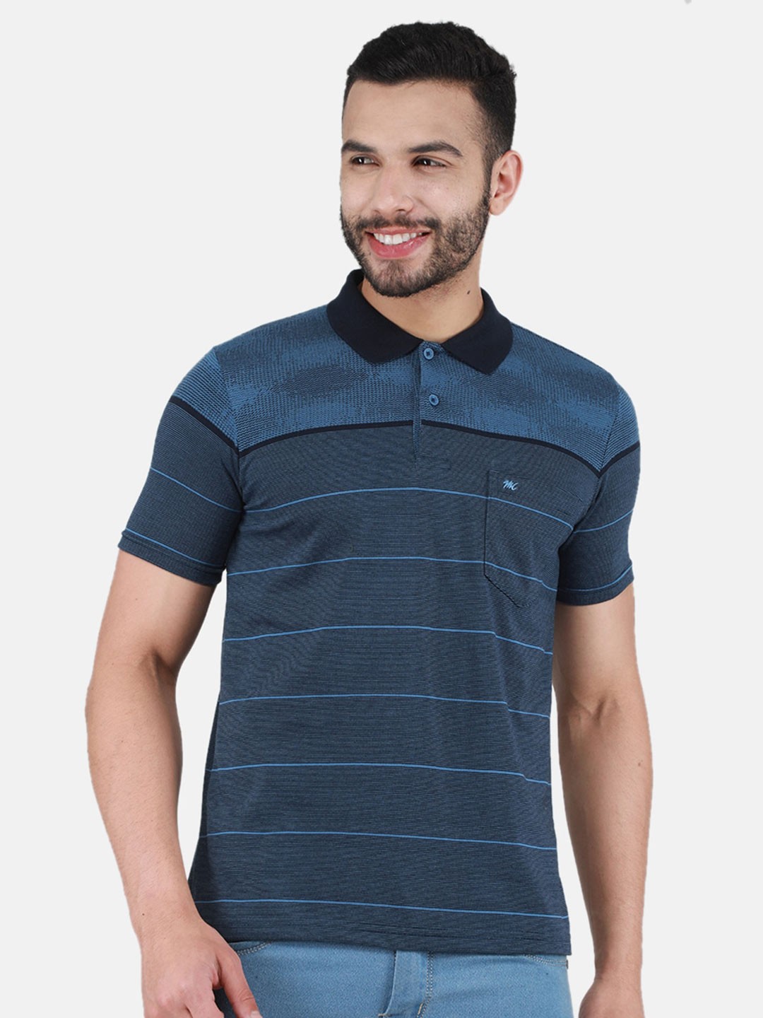 

Monte Carlo Striped Polo Collar T-shirt, Blue