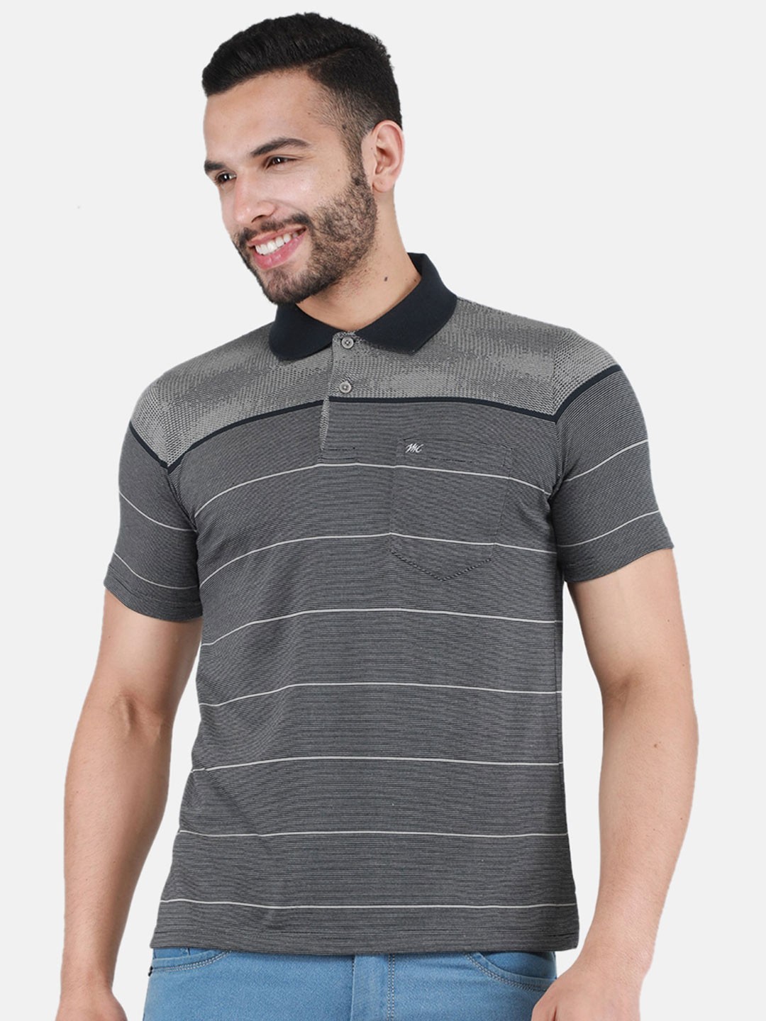

Monte Carlo Plus Size Striped Polo Collar T-shirt, Grey
