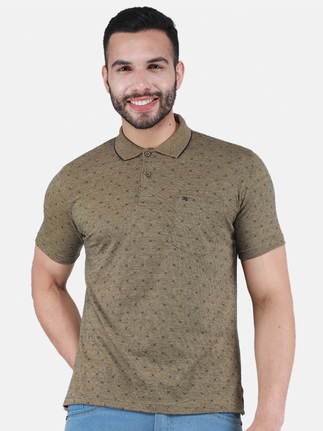

Monte Carlo Geometric Printed Polo Collar T-shirt, Brown