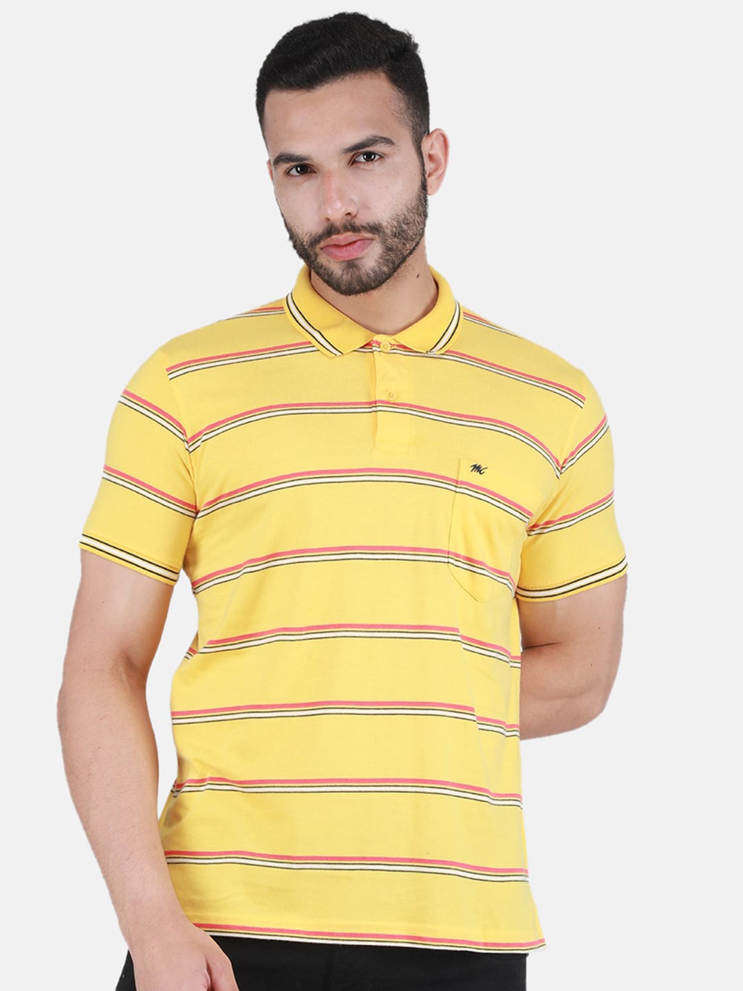 

Monte Carlo Plus Size Striped Polo Collar T-shirt, Yellow