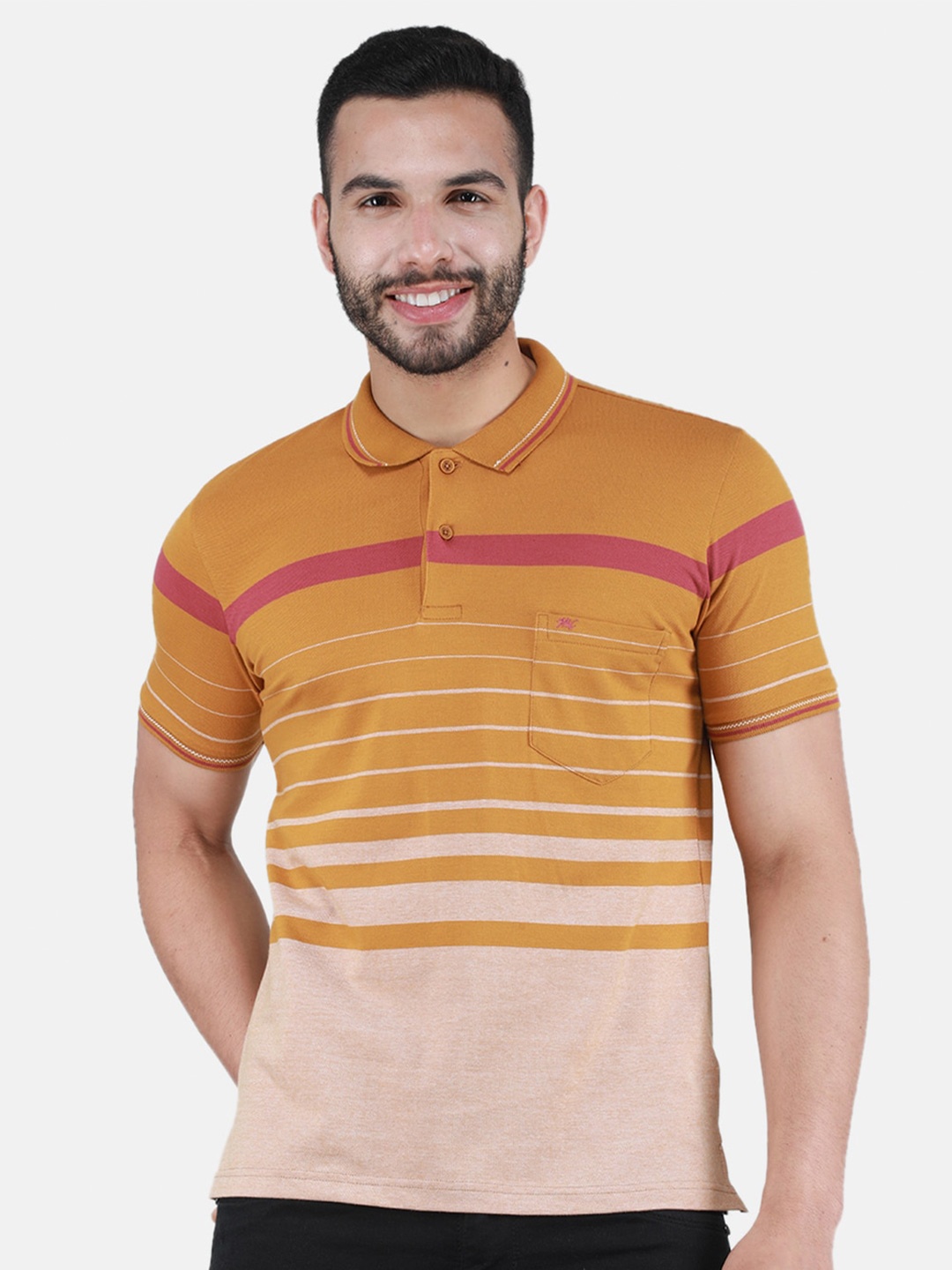 

Monte Carlo Striped Polo Collar T-shirt, Mustard