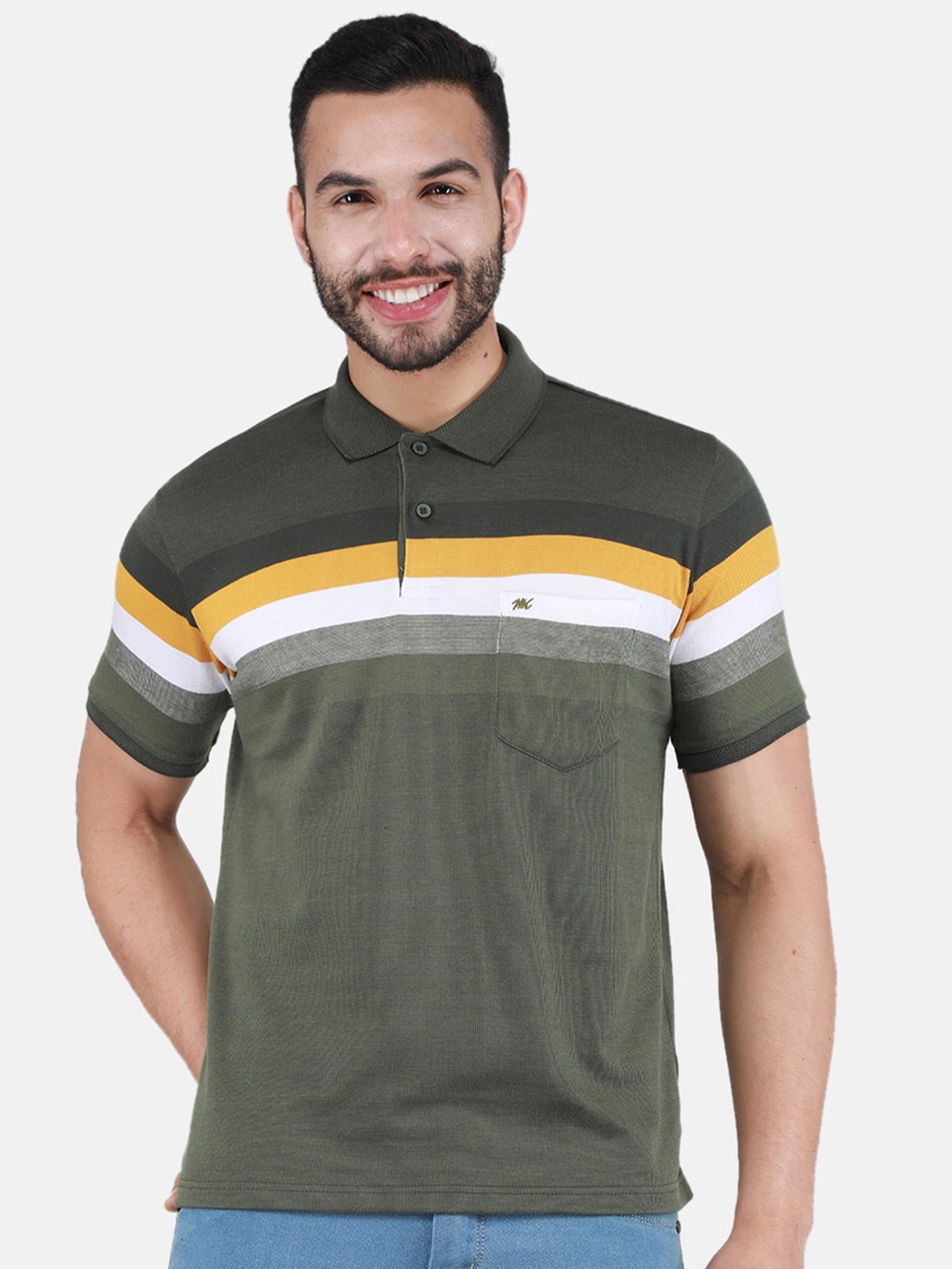

Monte Carlo Striped Polo Collar T-shirt, Olive