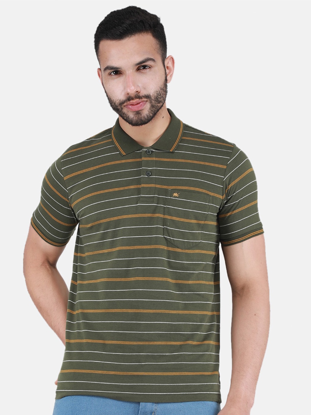 

Monte Carlo Striped Polo Collar T-shirt, Olive