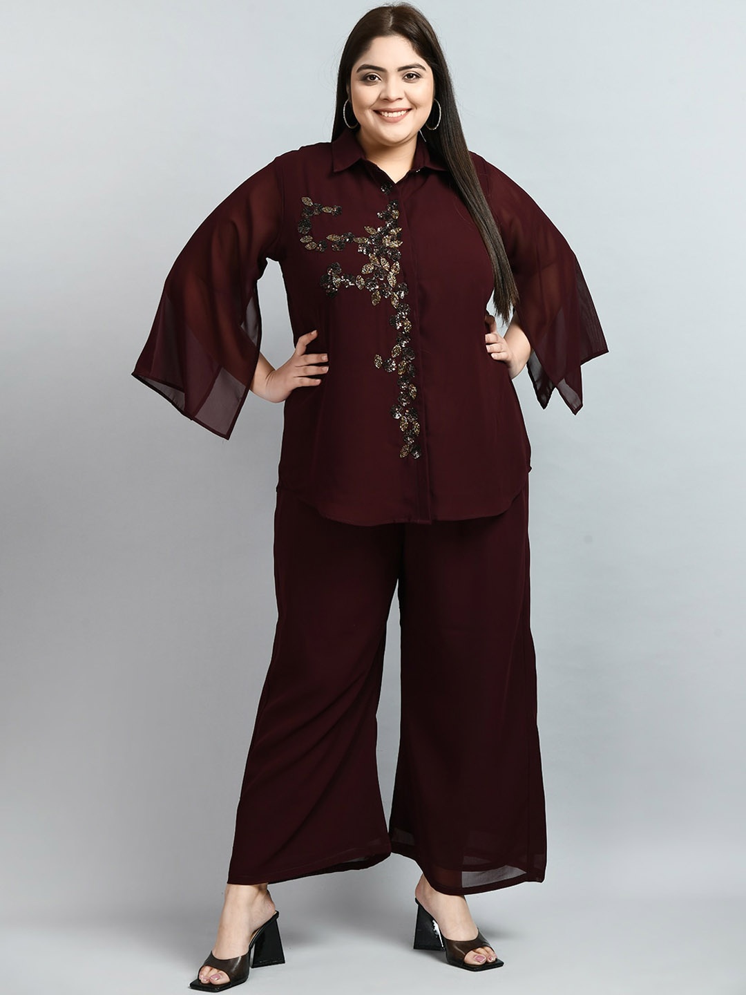 

PrettyPlus by Desinoor.com Plus Size Embellished Tunic with Palazzos Set, Coffee brown