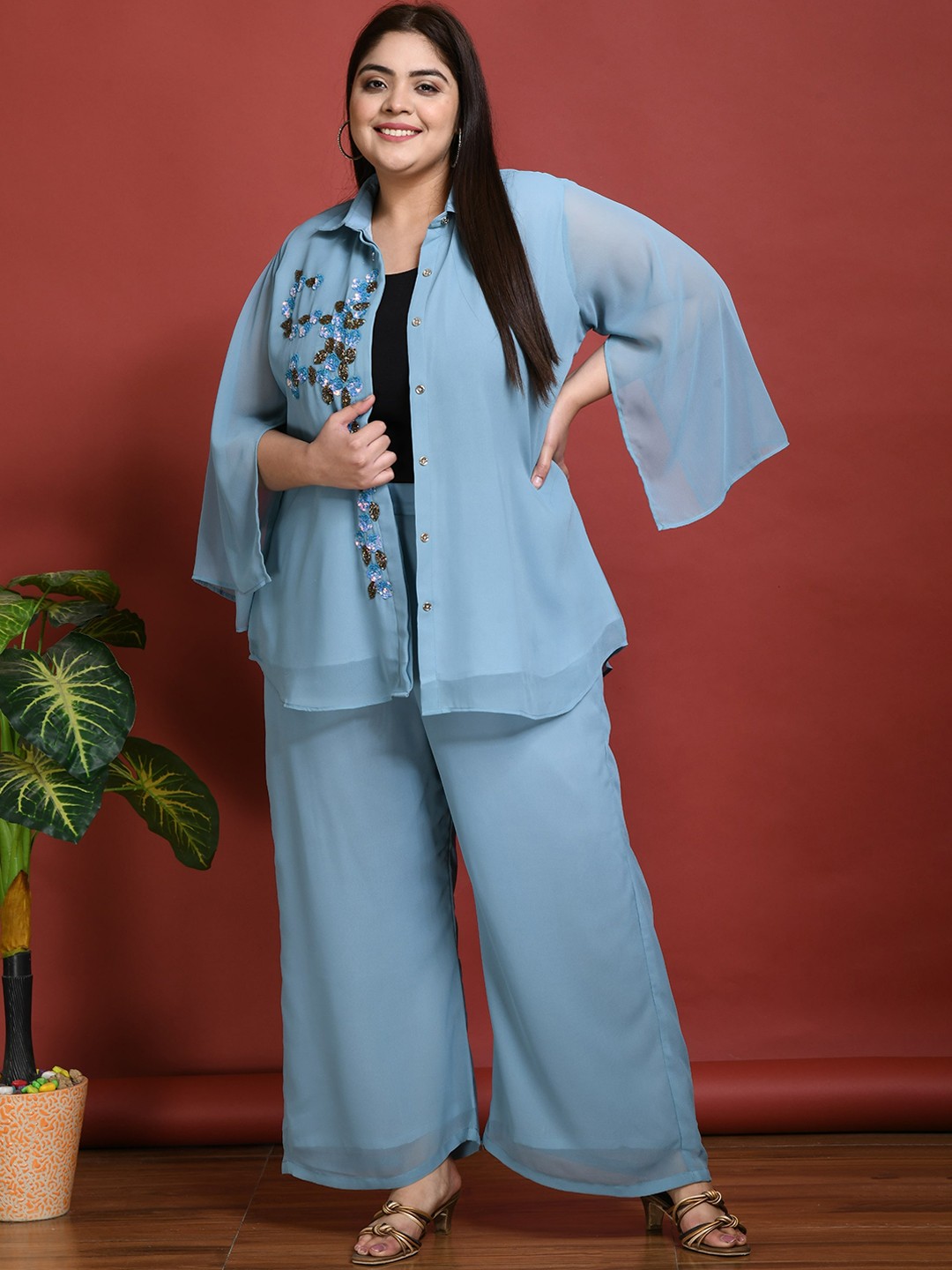 

PrettyPlus by Desinoor.com Plus Size Shirt Collar Beads and Stones Top With Palazzos, Turquoise blue