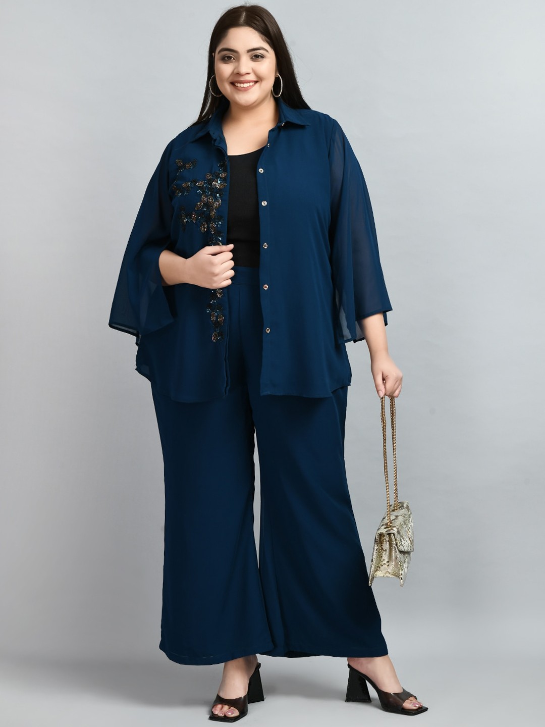 PrettyPlus by Desinoor.com Plus Size Embellished Shirt with Trousers Co-Ords, Teal