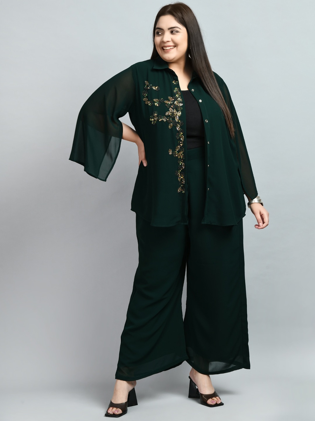 

PrettyPlus by Desinoor.com Women Plus Size Embellished Tunic with Palazzos, Green