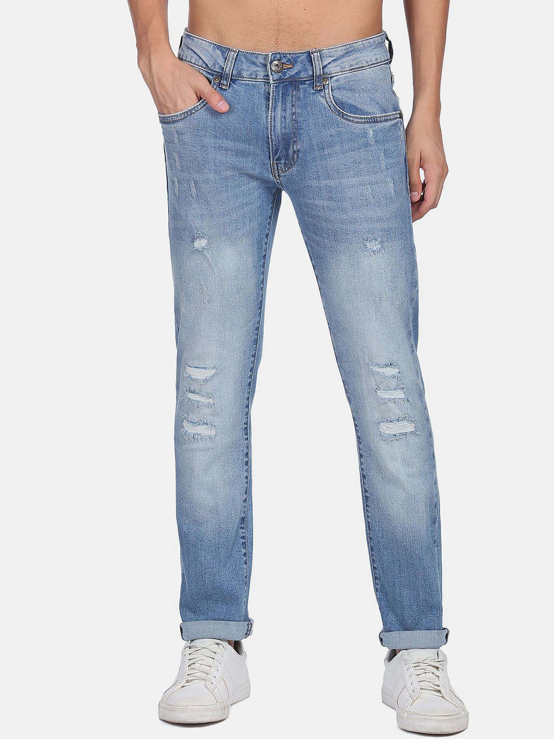 

Flying Machine Men Slim Fit Lightly Distressed Heavy Fade Cotton Jeans, Blue