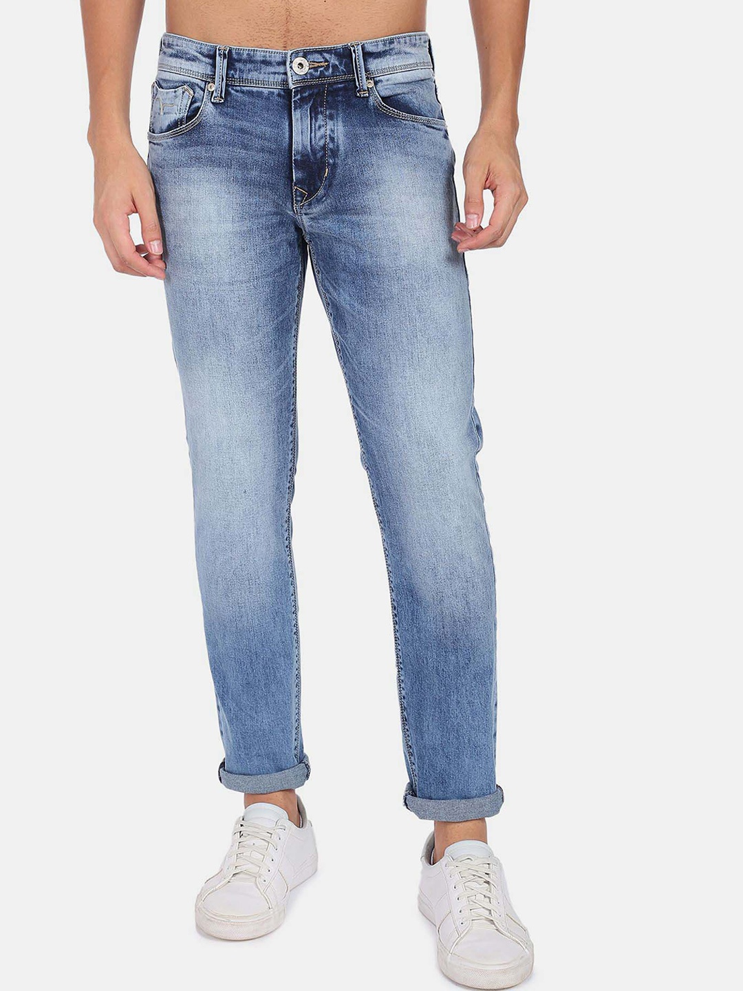 

Flying Machine Men Slim Fit Low Distress Heavy Fade Cotton Jeans, Blue