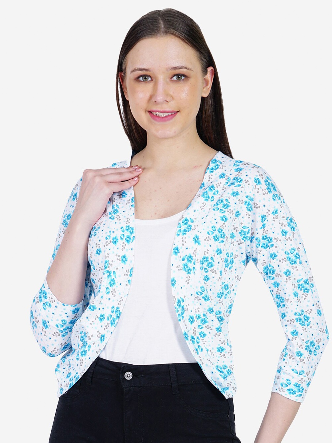 

TEEMOODS Floral Printed Cotton Shrug, White