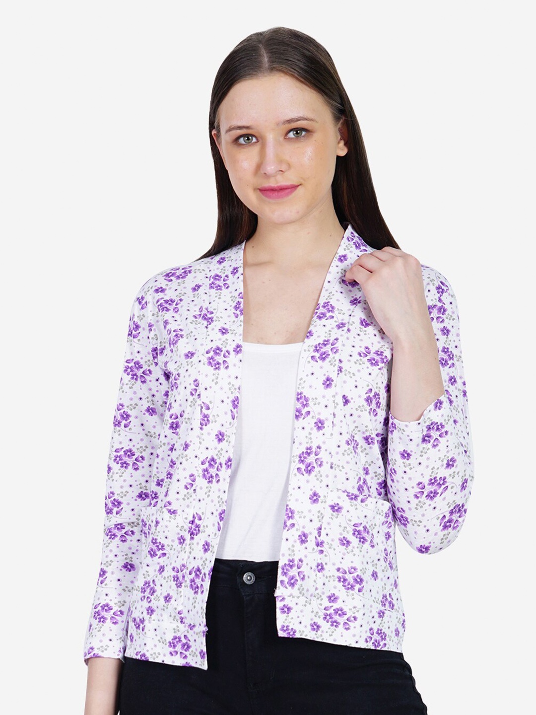 

TEEMOODS Floral Printed Cotton Shrug, White