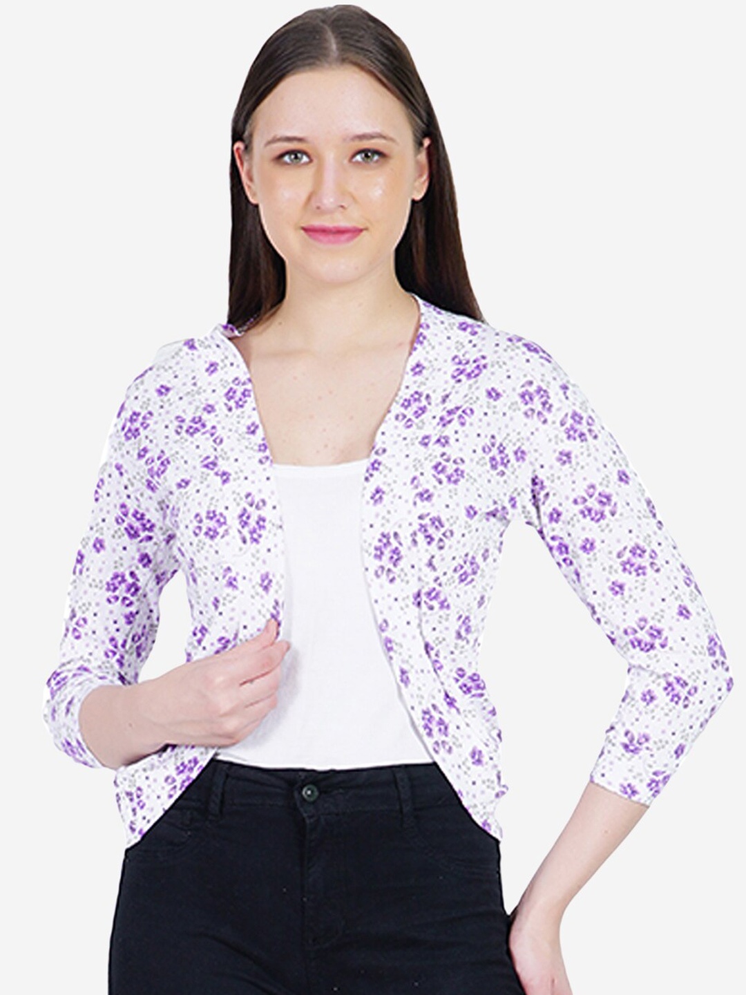 

TEEMOODS Floral Printed Cotton Shrug, White